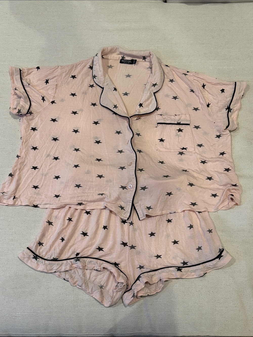Nasty Gal Pink Star Short Pajama Set with Black Trim